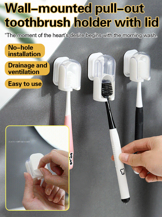 Wall mounted pull-out covered toothbrush holder